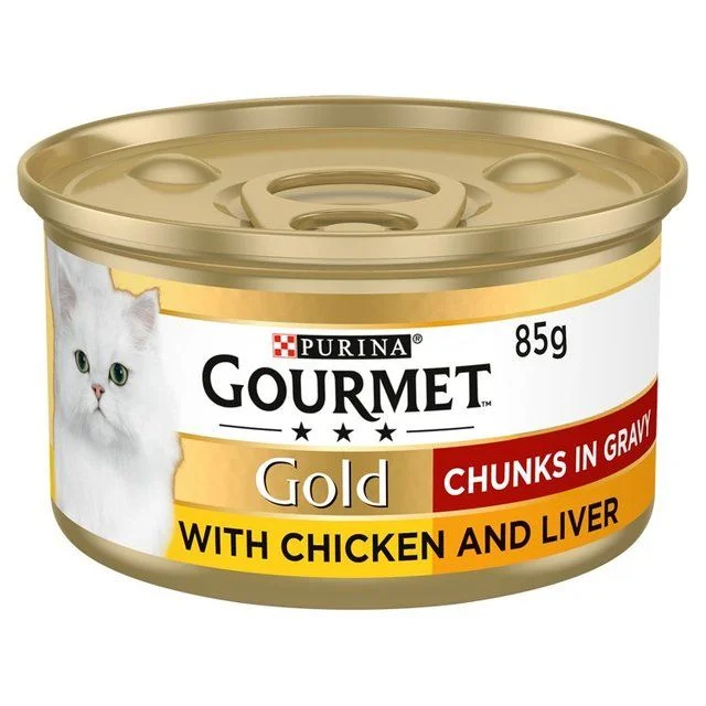 2. **Brand-Related**  Gourmet Gold Chunks in Gravy Chicken & Liver Wet Cat Food    85g